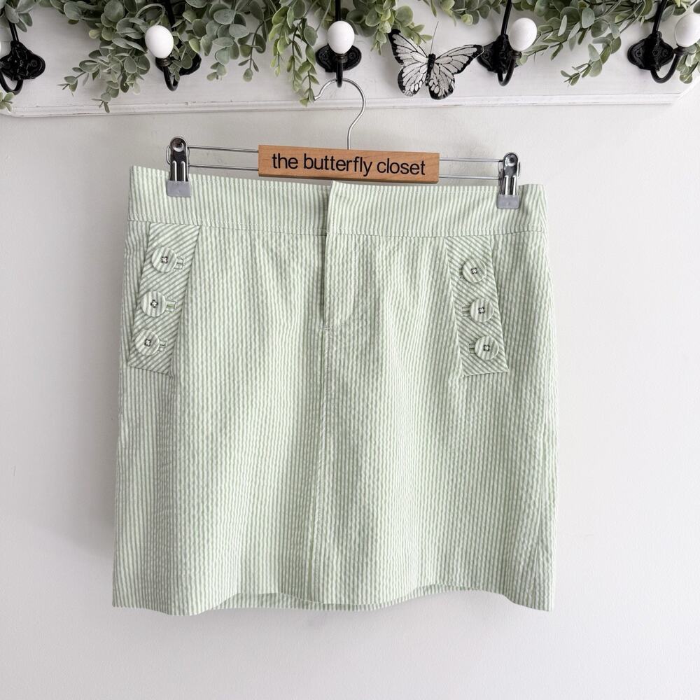 Lilly Pulitzer Courtland Seersucker Skirt in Green White Buttons Striped Size 4